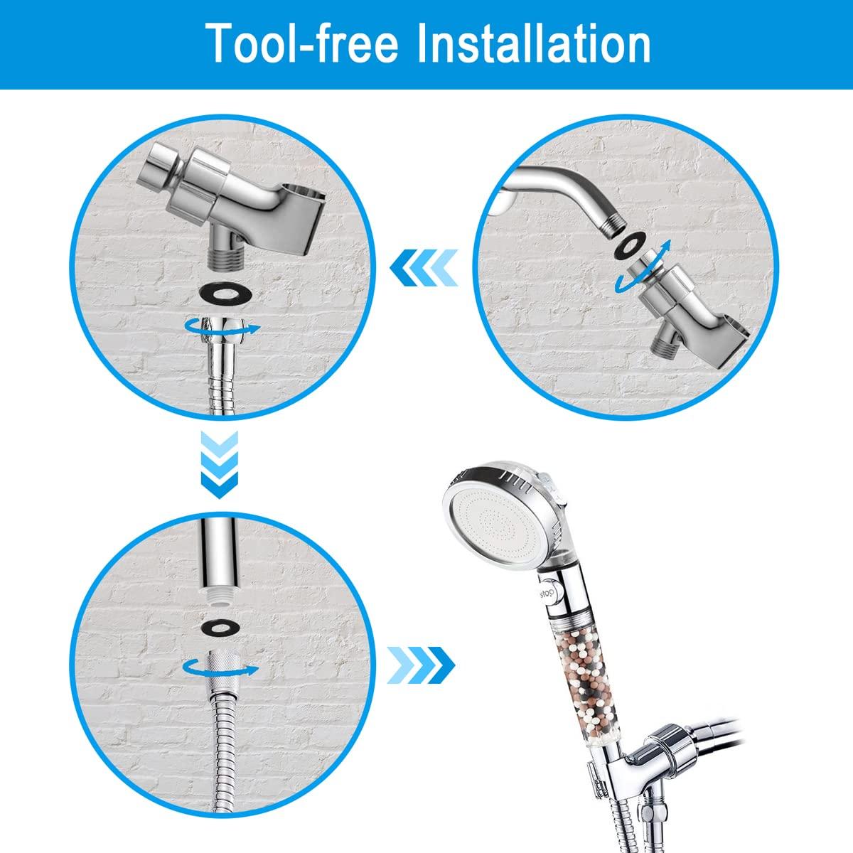 High Pressure Handheld Shower Head with Filter, Shower Head Kits with Hose and Bracket, Hard Water Softener Water Purifying Filtered Showerheads with Filter Beads