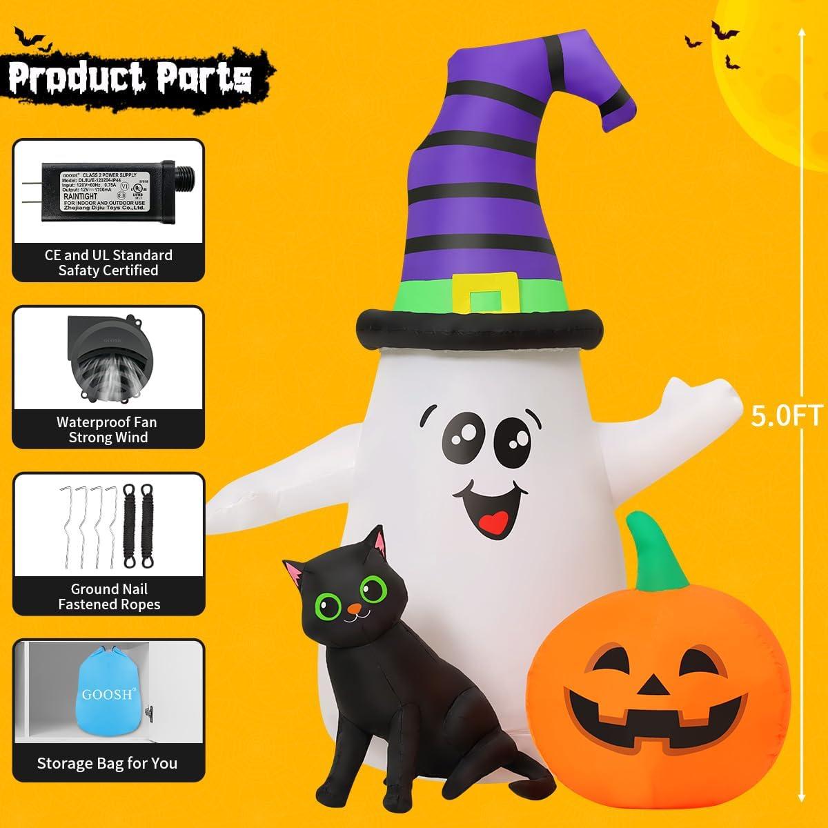 5-Foot LED Halloween Inflatable Ghost with Cat and Pumpkin