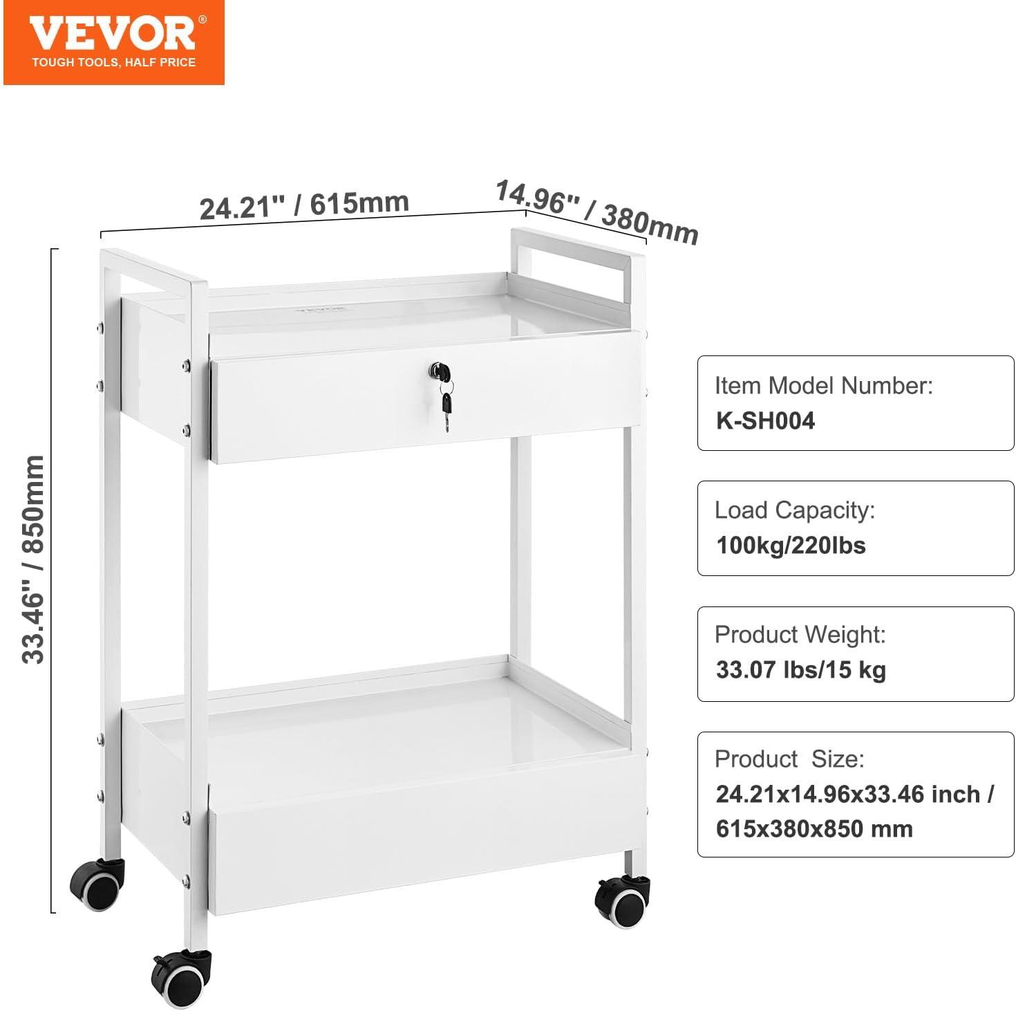 VEVOR Lab Rolling Cart, 2-Shelf Stainless Steel Rolling Cart, Lab Serving Cart with Swivel Casters, Dental Utility Cart for Clinic, Lab, Hospital, Salon, 15.16"x21.57"x34.06"