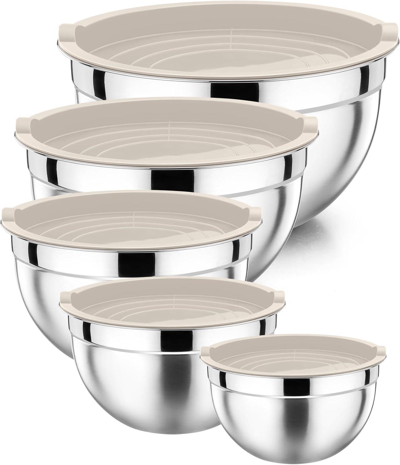 Khaki Stainless Steel Nesting Mixing Bowls with Lids Set of 5