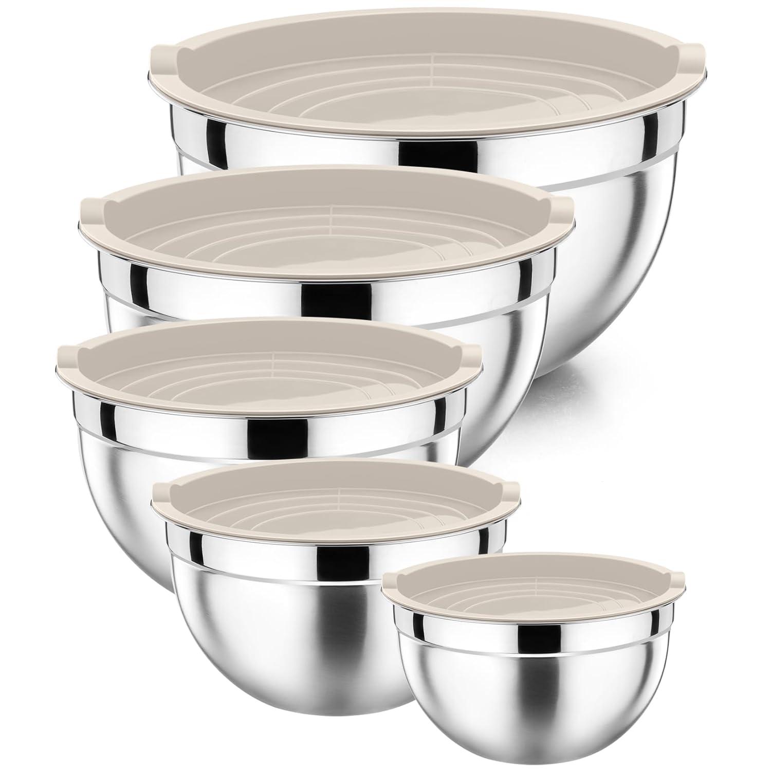 Toledo Bath & Kitchen Stainless Steel Mixing Bowls With Lids, 5-Pack Metal Nesting Bowls With Airtight Covers For Cooking, Baking, Serving, Storage, Non-Toxic & Dishwasher Safe, Size 4.6/3/1.5/1/0.7QT - Khaki