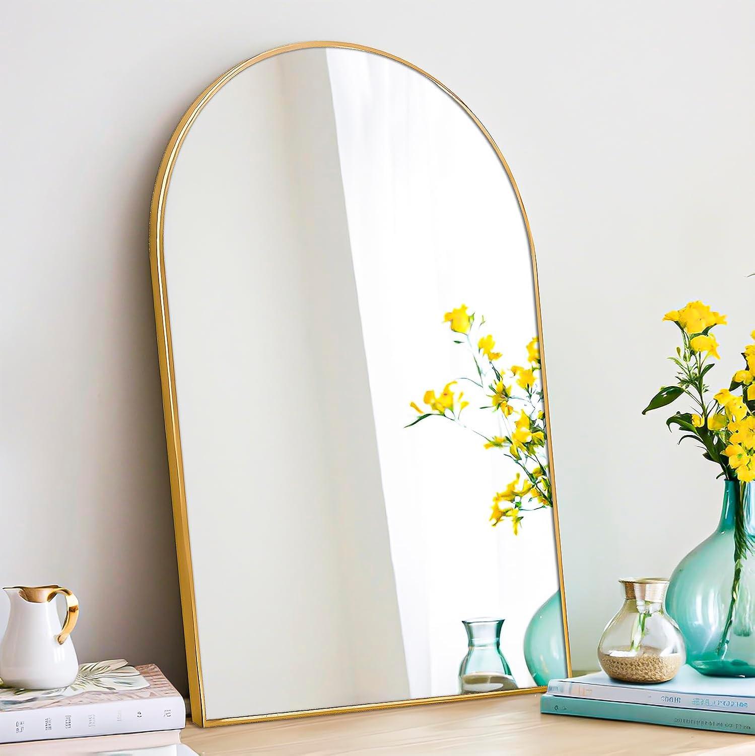Luxhomez 36" x 24" Arch Wall Mirror for Vanity/ Bathroom, Metal Bathroom Mirror with Waterproof Aluminum Alloy Frame, Gold