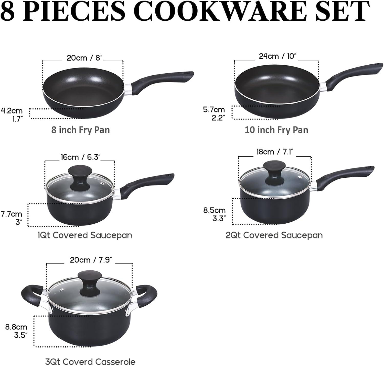 8-Piece Black Nonstick Aluminum Cookware Set with Stay-Cool Handles