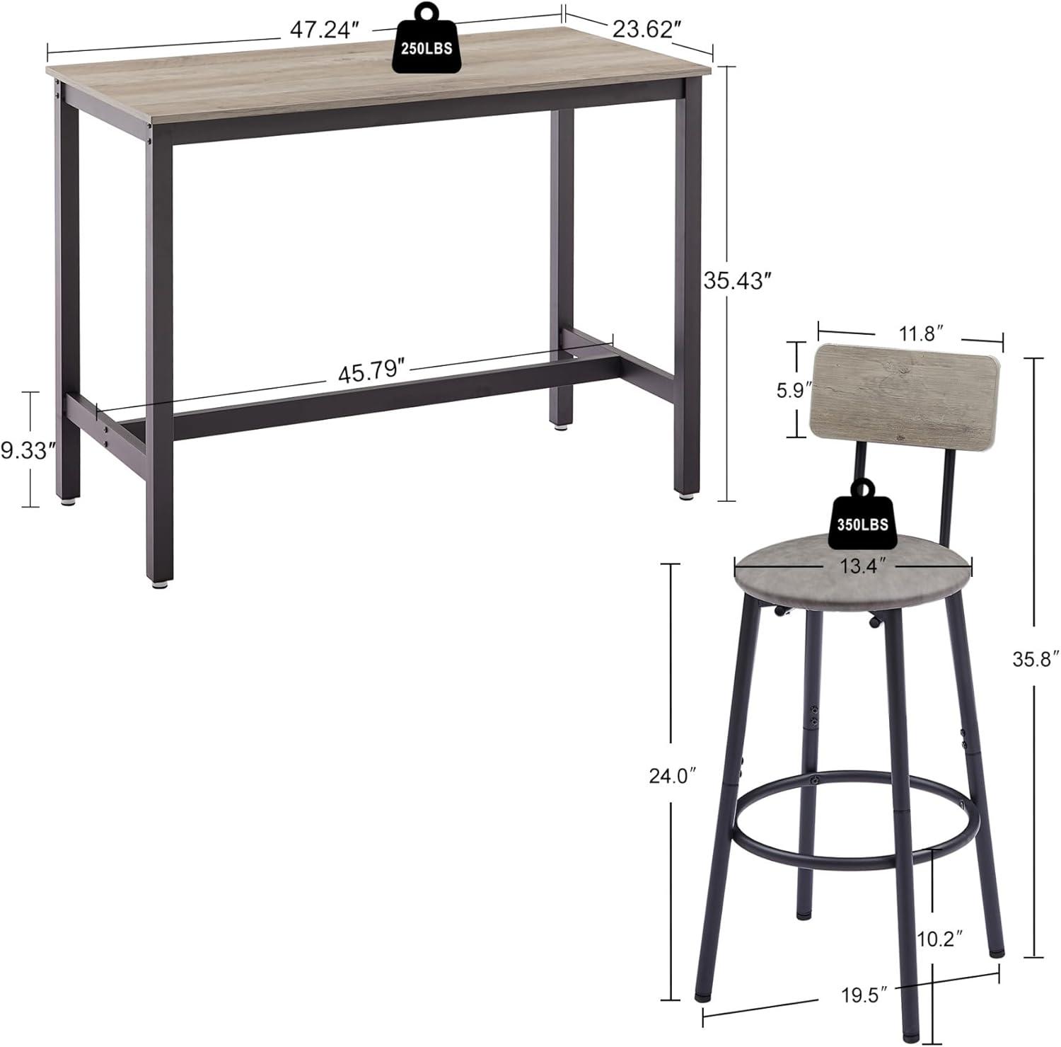Bar Table and Chairs Set for 4, Rectangular Pub Bistro Table & 4 Dining Chairs with Backrest, Dining Table Set for 4,Heavy Duty Metal Frame, for Kitchen Restaurant Breakfast Nook, Gray