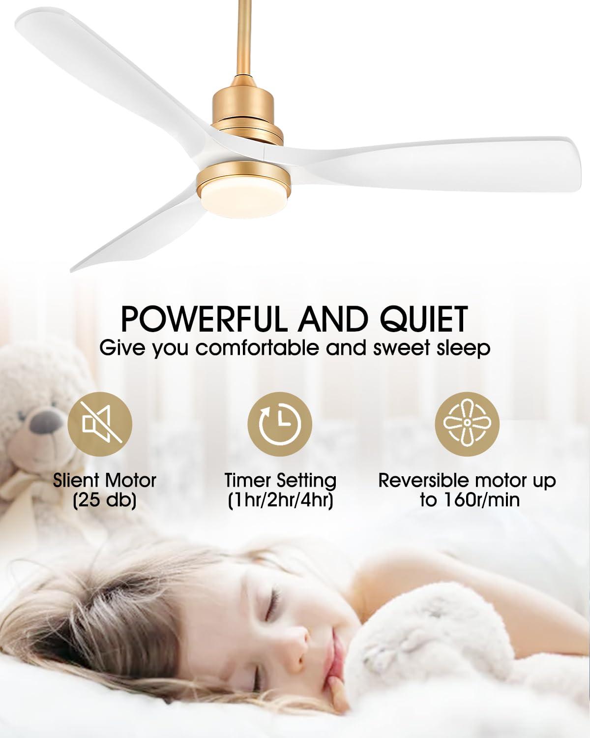 52 Inch Gold White Smart Ceiling Fans with Lights and Remote,Quiet DC Motor,for Modern Bedroom Living Room Patio