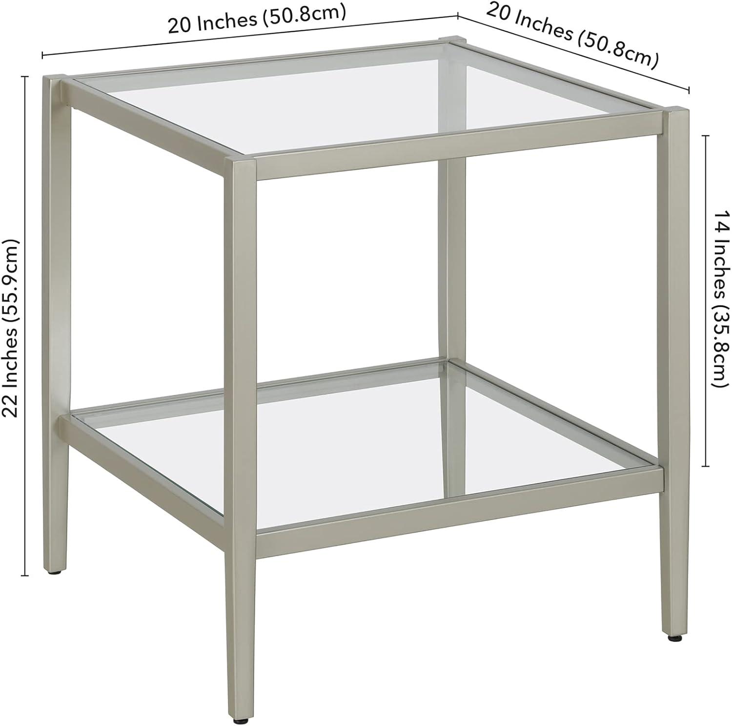 Evelyn&Zoe Hera 20" Wide Square Side Table with Glass Shelf, Satin Nickel