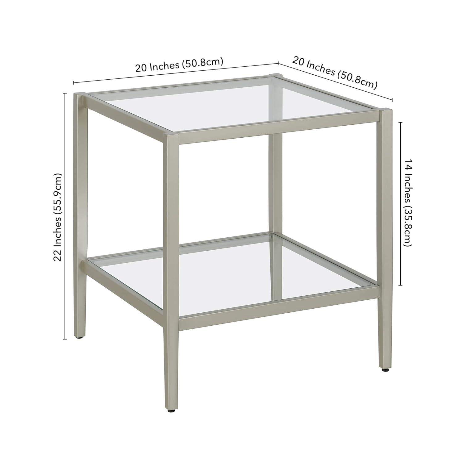 Evelyn&Zoe Hera 20" Wide Square Side Table with Glass Shelf, Satin Nickel
