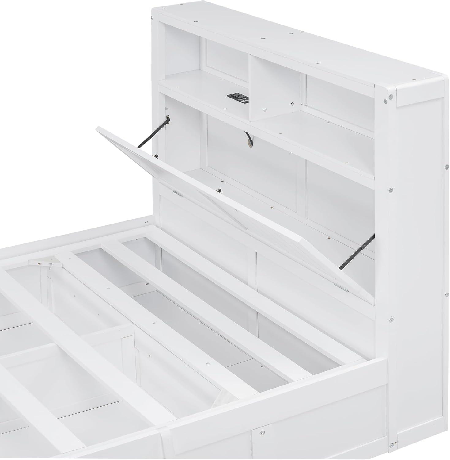 Linique Hydraulic Platform Bed, Wood Full Size Bed Frame with Storage LED Headboard, Built-in Charging Station and 2 Drawers (White)