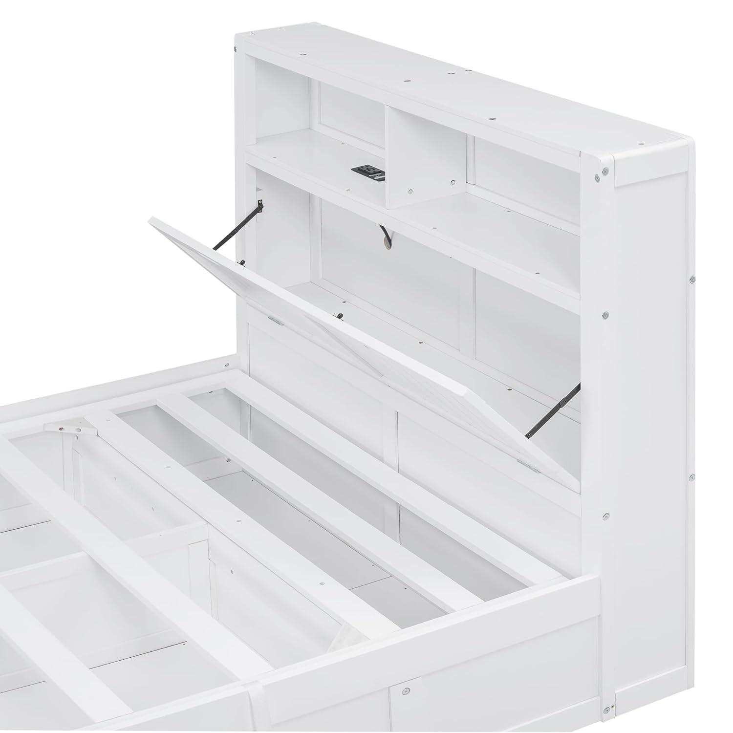 Linique Hydraulic Platform Bed, Wood Full Size Bed Frame with Storage LED Headboard, Built-in Charging Station and 2 Drawers (White)