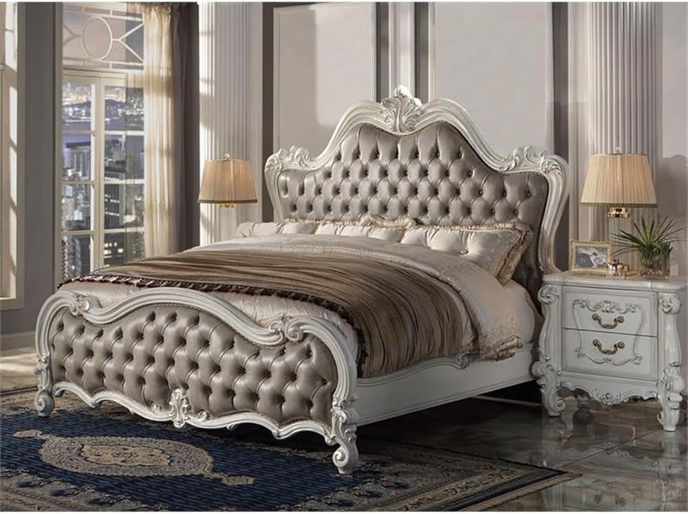 99" Queen Bed Versailles Vintage Gray PU Leather, Button Tufted - Acme Furniture: Claw & Ball Feet, Fluted Crown