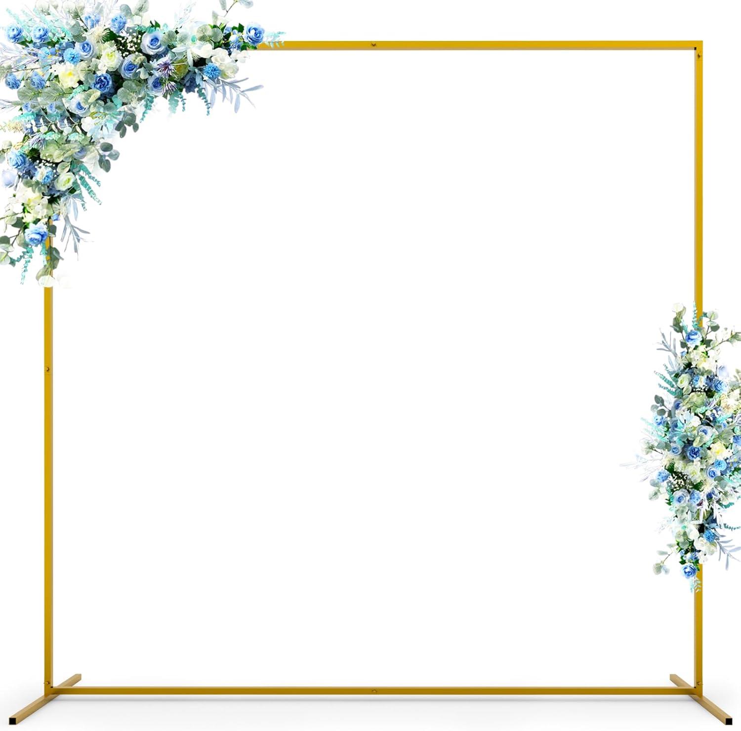 Jhsomdr 6.6FT x 6.6FT Wedding Arch for Ceremony Square Backdrop Stand with 4 Ground Nails, Gold Metal Balloon Arch Stand Arch Background Frame for Parties, Birthday, Garden Decorations, Anniversary