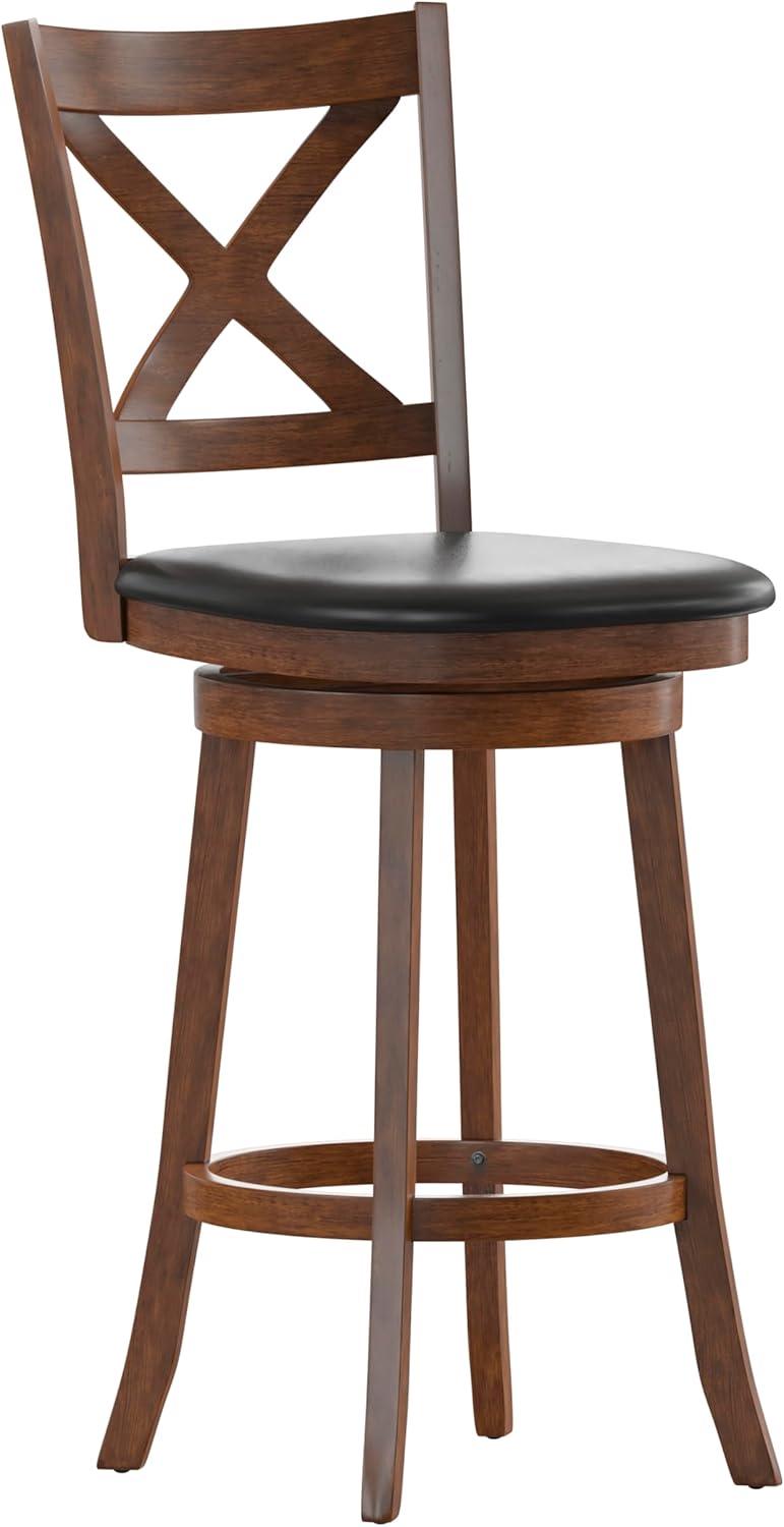 Merrick Lane 30" Gray Wash Walnut Classic Wooden Crossback Swivel Bar Height Pub Stool with Black Faux Leather Padded Seat and Integrated Footrest