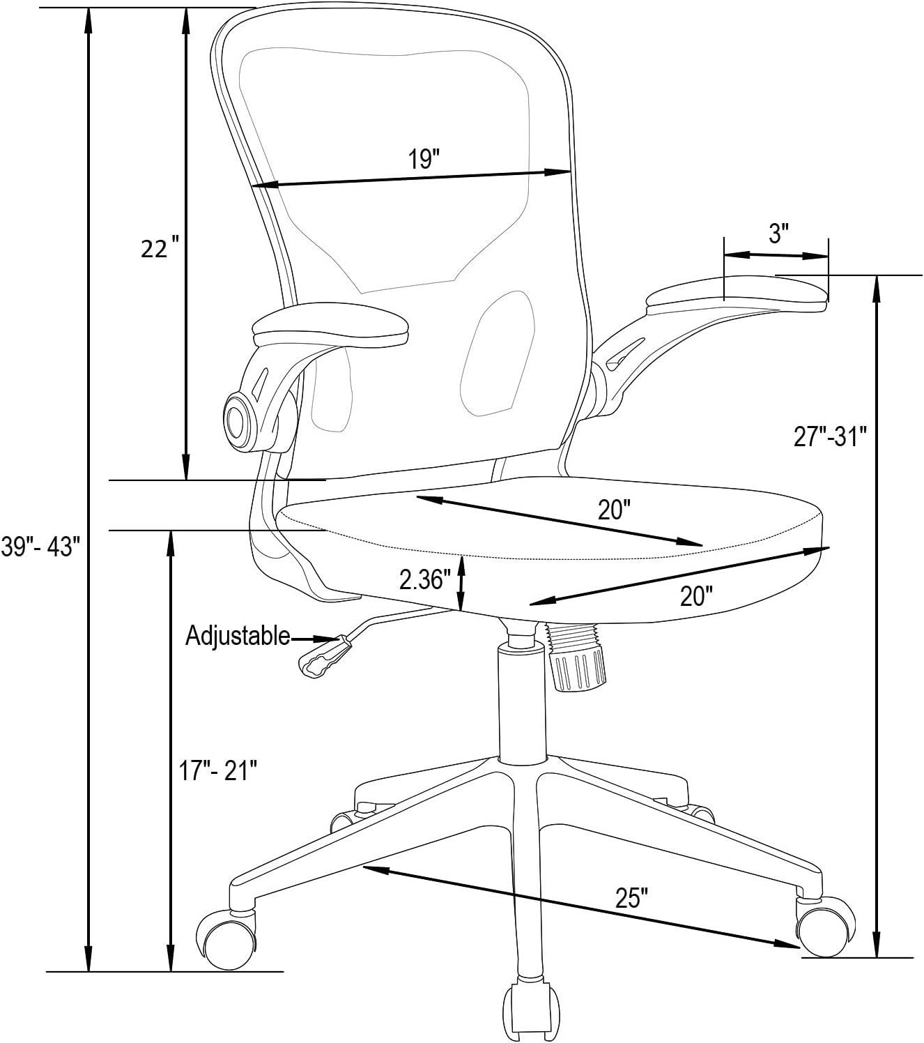 LeisureMod Newton Modern Adjustable Height Mesh Swivel Office Chair With Flip Up Armrests