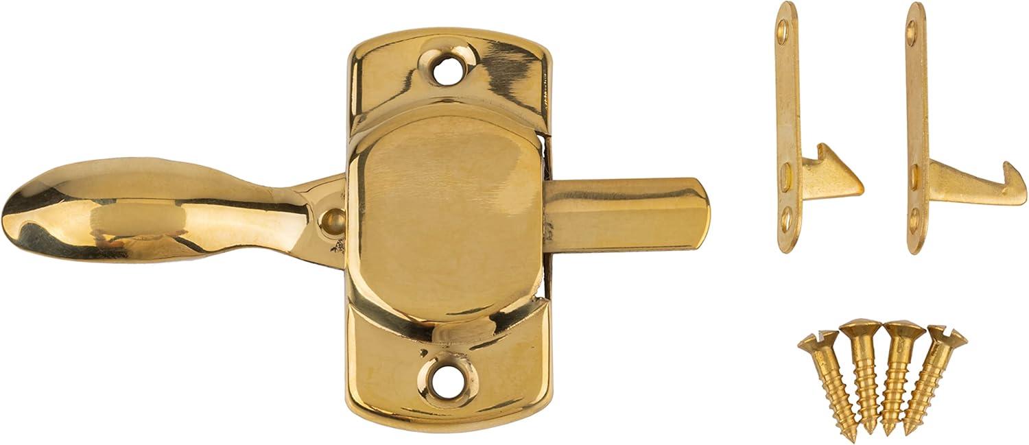 Plain Hoosier Brass Cabinet Door Latch with Offset and Flush Catches | Left Hand or Right Hand Doors Mounting | Antique Cabinet, Vintage Cupboard Reproduction Hardware | UA-114-HLPB