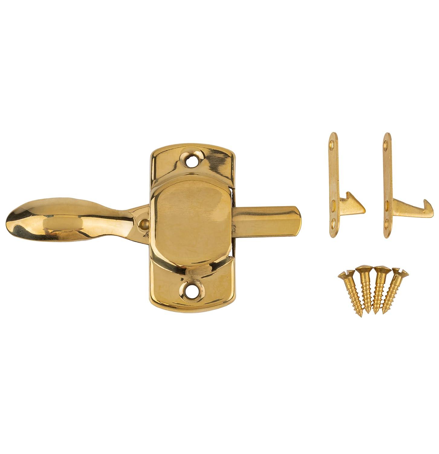 Plain Hoosier Brass Cabinet Door Latch with Offset and Flush Catches | Left Hand or Right Hand Doors Mounting | Antique Cabinet, Vintage Cupboard Reproduction Hardware | UA-114-HLPB