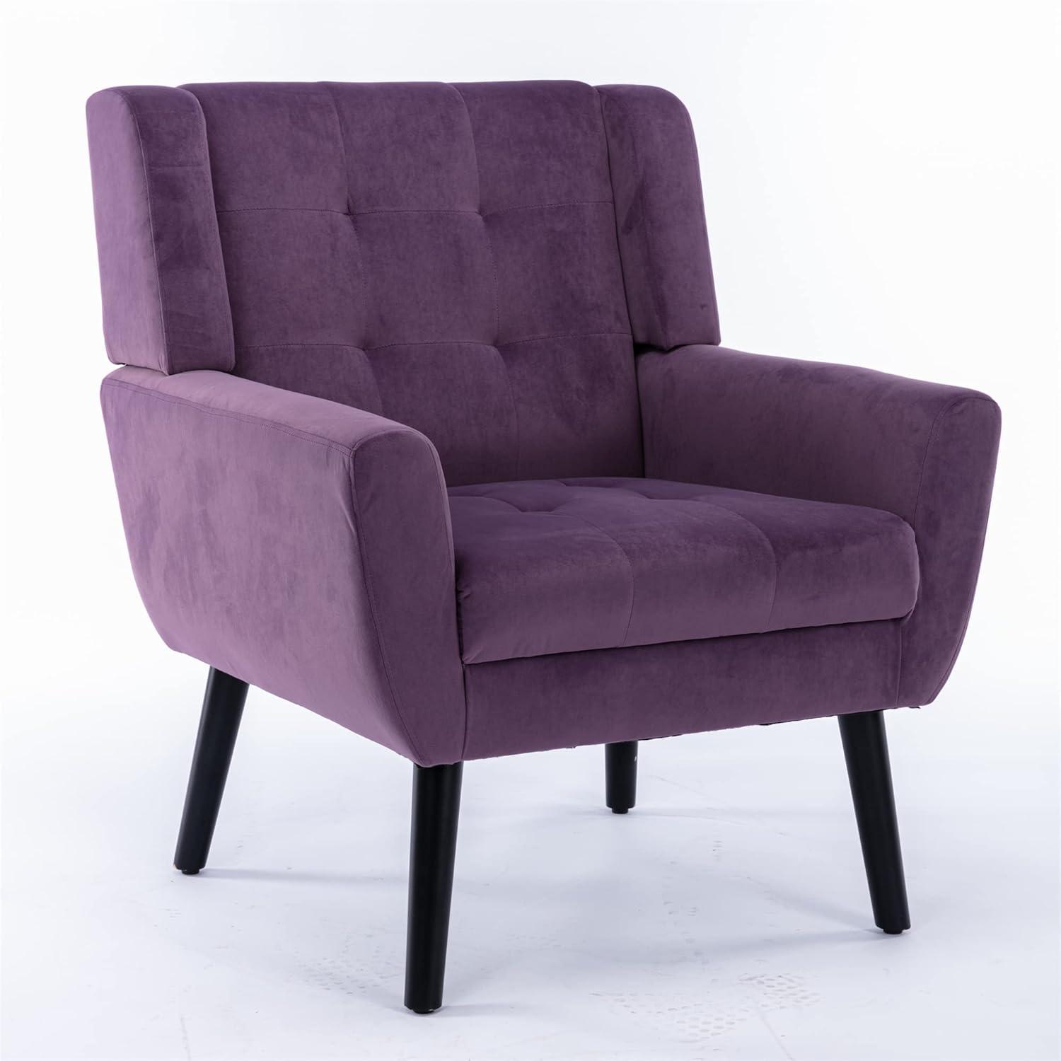 INCLAKE Upholstered Sofa Chair, Padded Cushion Seat Velvet Chair with Backrest and Armrest, Single Leisure Chair with Wood Legs for Living Room Reading Room, Purple