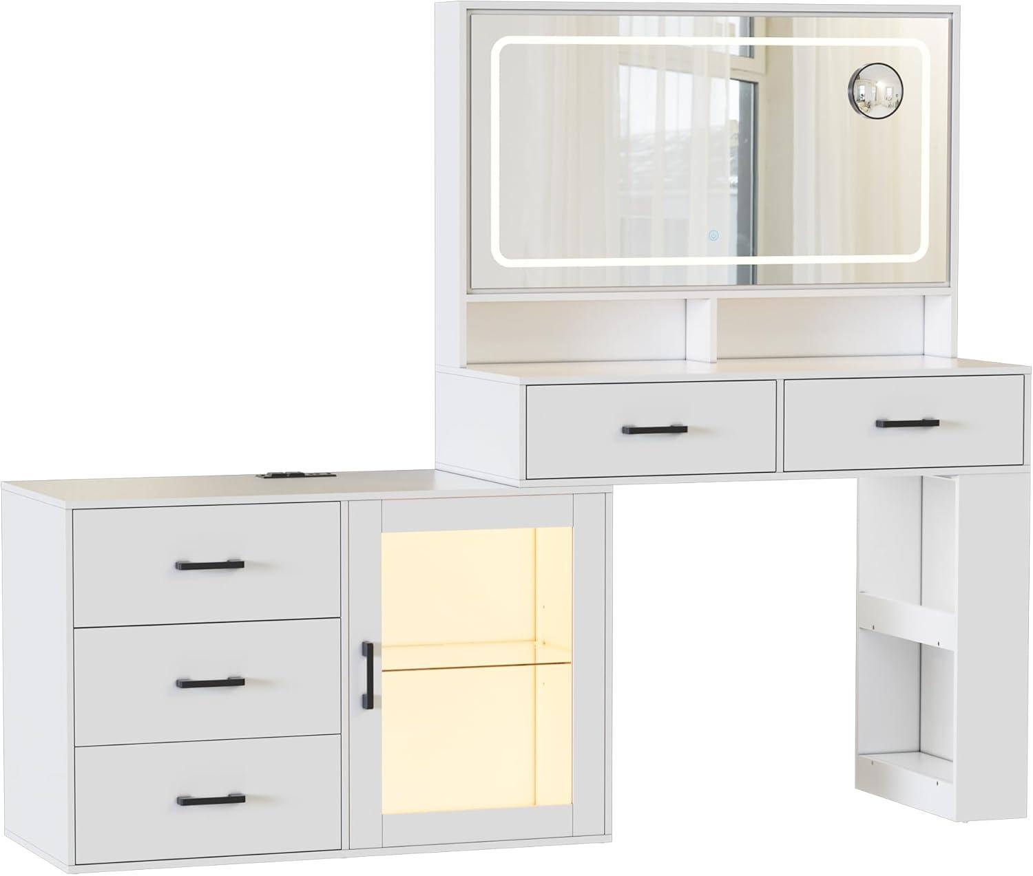 PAKASEPT Vanity Desk with Mirror and Lights, Corner Makeup Table with 3 Color Lighting, White Vanity with Power Strip & Hooks, Hidden and Open Shelves, Adjustable Brightness, 47.2 Inch