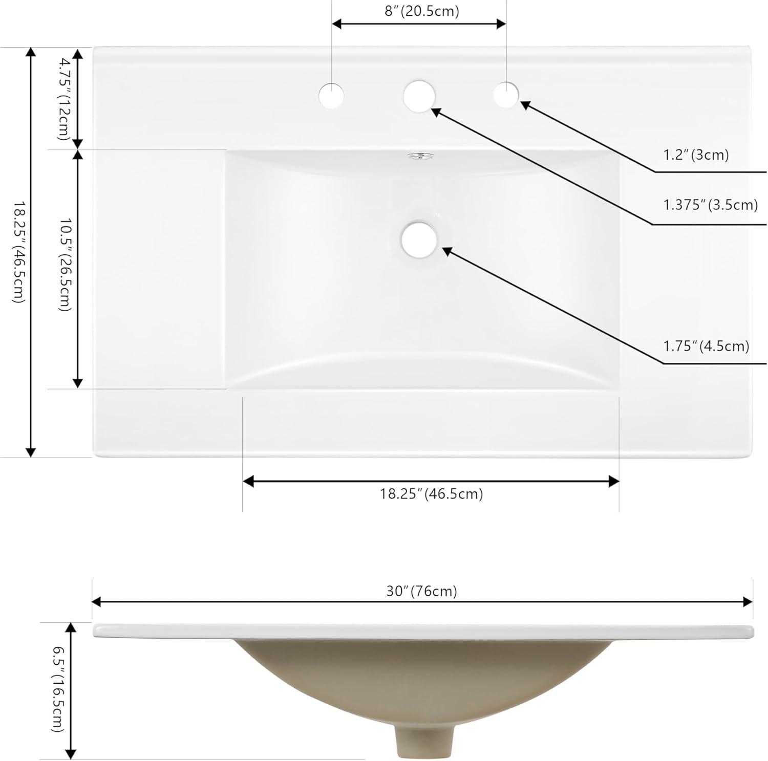 White Ceramic 30" Rectangular Single Sink Vanity Top