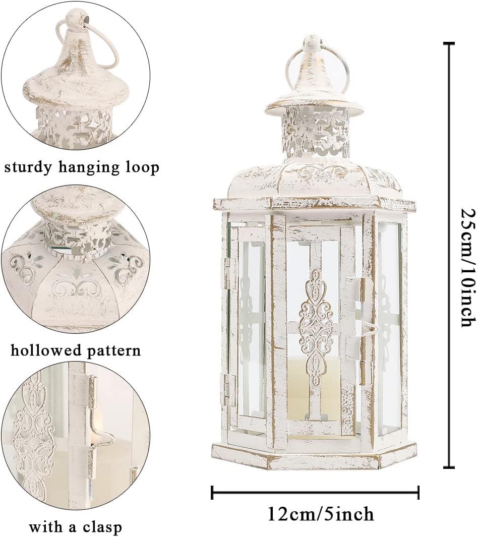 JHY DESIGN Decorative Candle lantern-10inch High Vintage Style Hanging Lantern Metal Candleholder for Indoor Outdoor Events Parities and Weddings (White with Gold Brush)