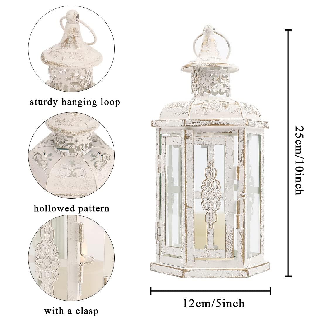 JHY DESIGN Decorative Candle lantern-10inch High Vintage Style Hanging Lantern Metal Candleholder for Indoor Outdoor Events Parities and Weddings (White with Gold Brush)