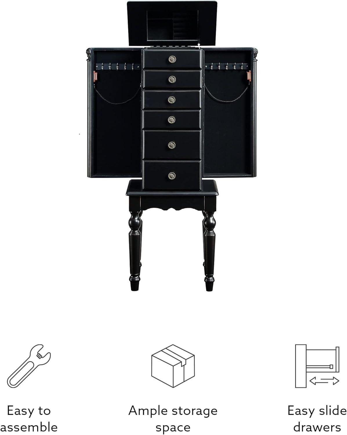 Petite Ebony Black Jewelry Armoire with Mirror and Plush Lining