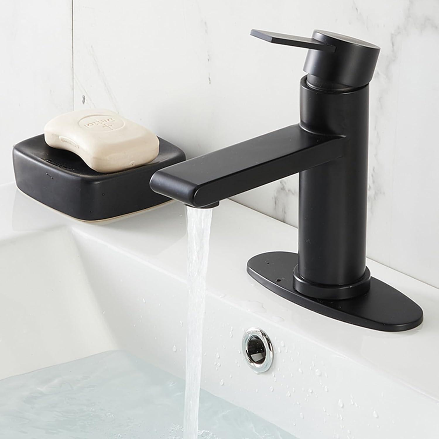 Black Bathroom Faucet Single Hole Bathroom Sink Faucet, Matte Black Single Handle Vanity Basin Faucets with Supply Deck Plate, Modern Farmhouse RV Faucet 1 or 3 Holes