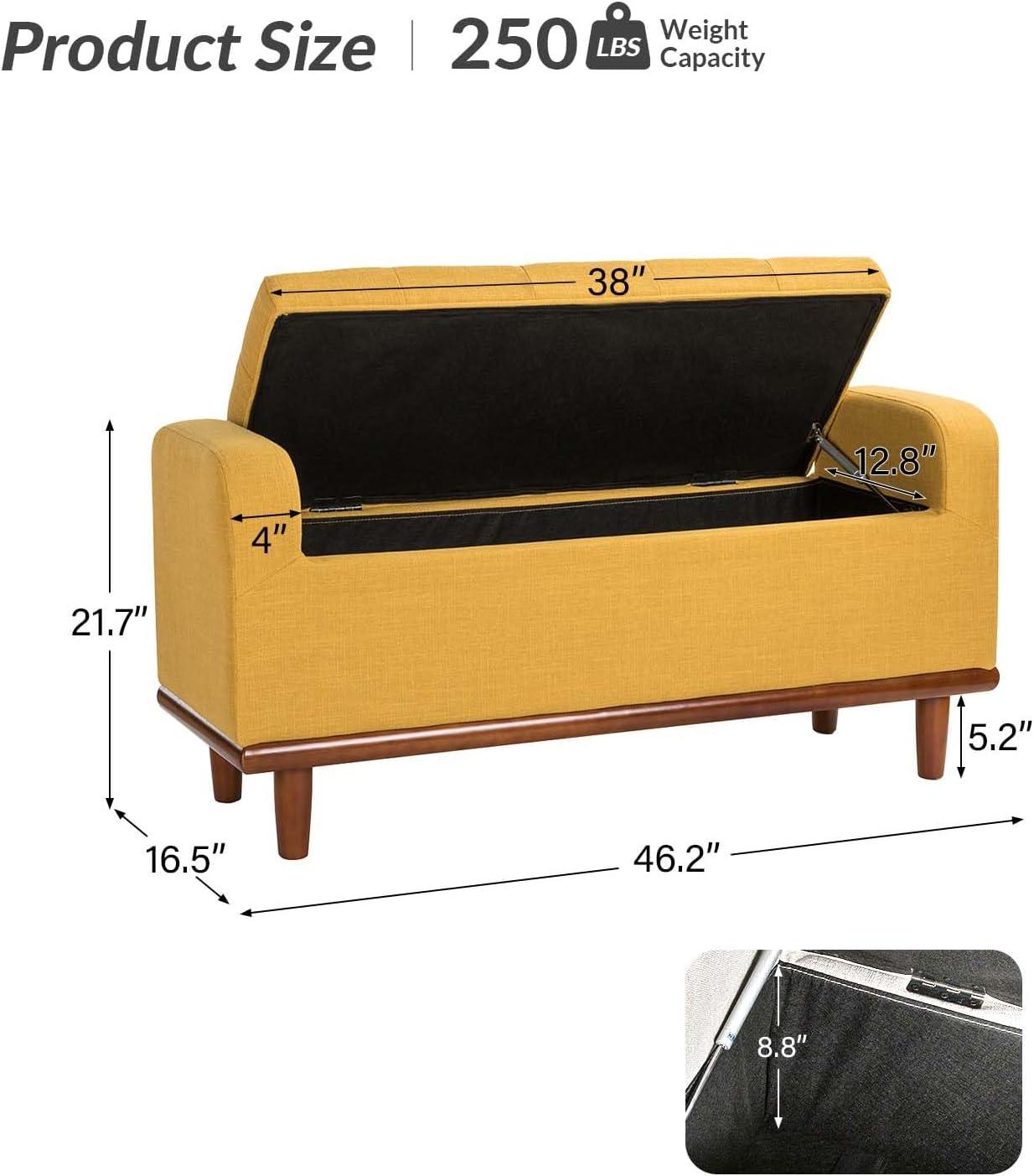 Mustard Upholstered Storage Bench with Walnut Wood Legs