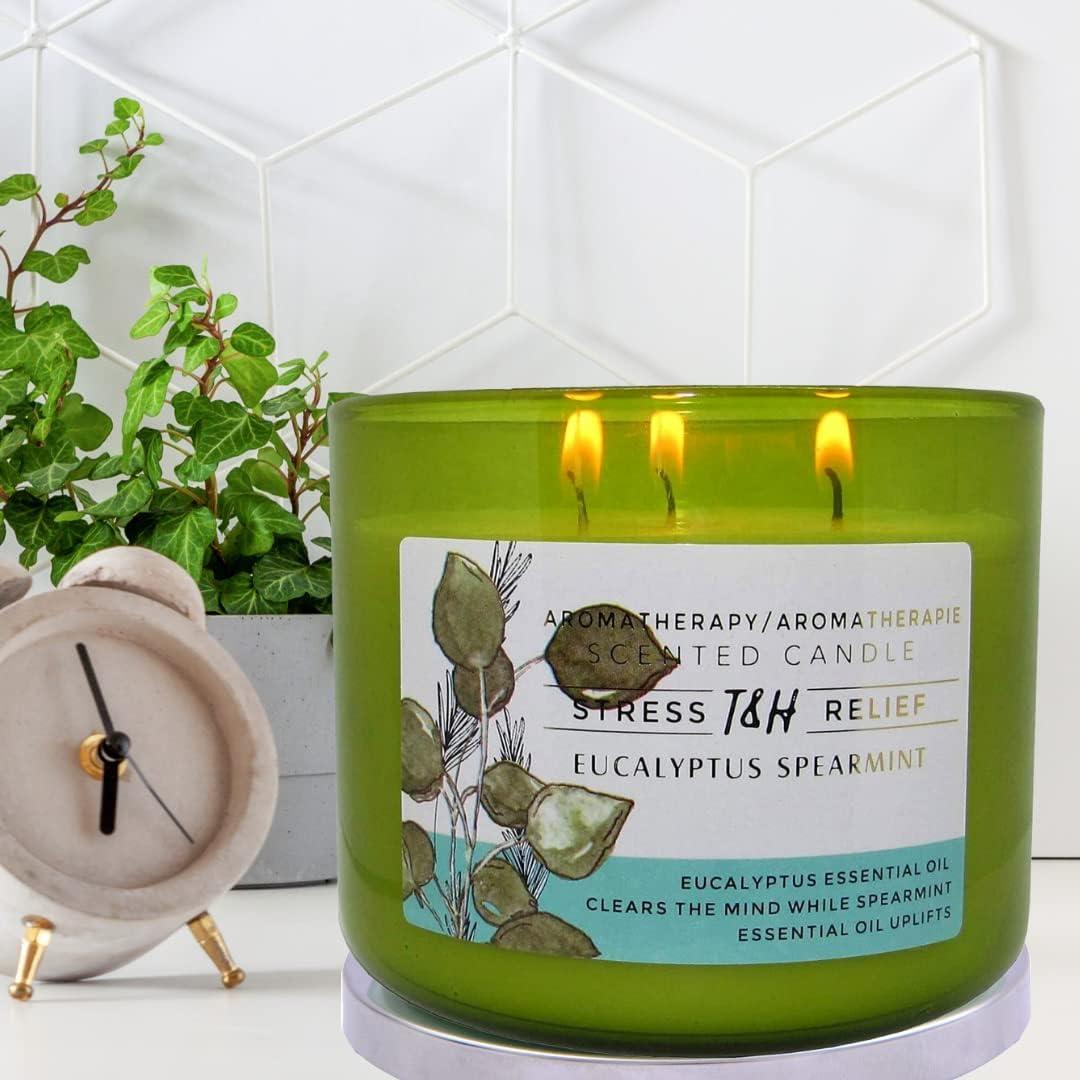 T&H Wholesalers Eucalyptus Spearmint Scented Soy Candle 3 Wick Aromatherapy Candle for Women and Men