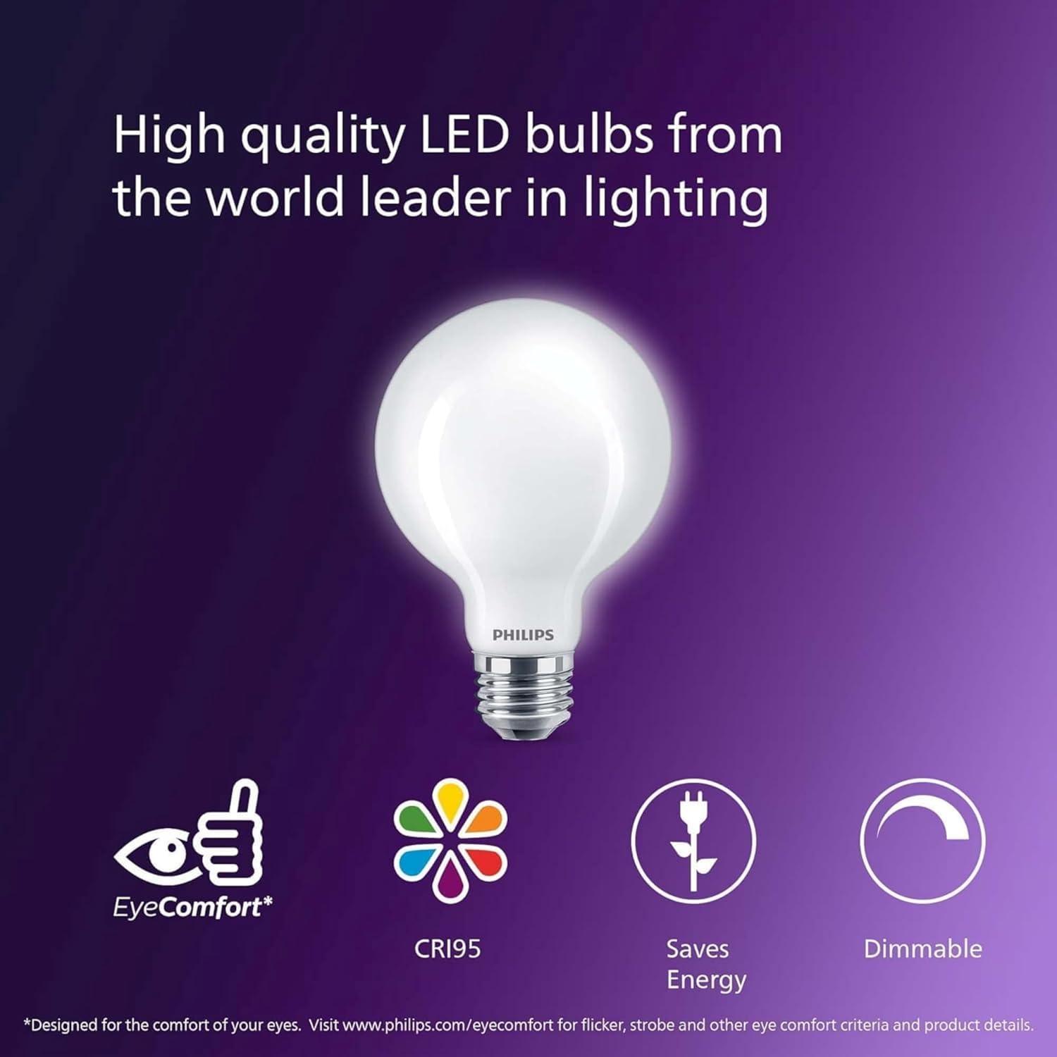 Philips LED Frosted G25 Ultra Definition Light Bulb, Dimmable, EyeComfort Technology, 500 Lumen, Daylight 5000K, 5W=60W, E26 Base, Title 20 Certified, 575217 2-Pack