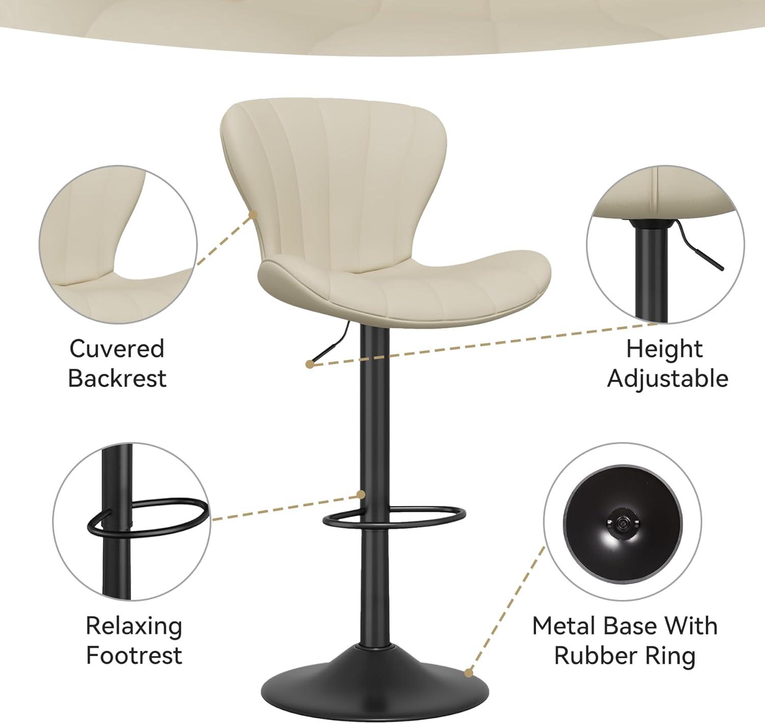 Modern Bar Stool Set of 2, Adjustable Faux Leather Upholstered Swivel Counter Stools, Counter Barstools with Back for Kitchen Island, Khaki
