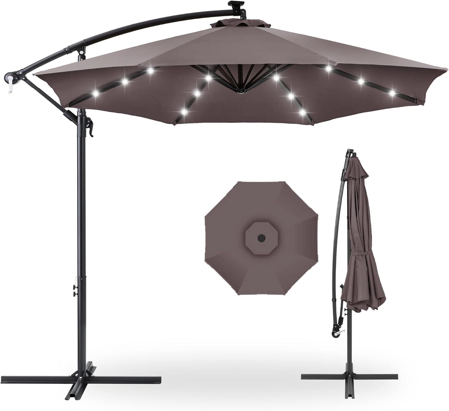 Best Choice Products 10ft Solar LED Offset Hanging Outdoor Market Patio Umbrella w/ Adjustable Tilt - Deep Taupe