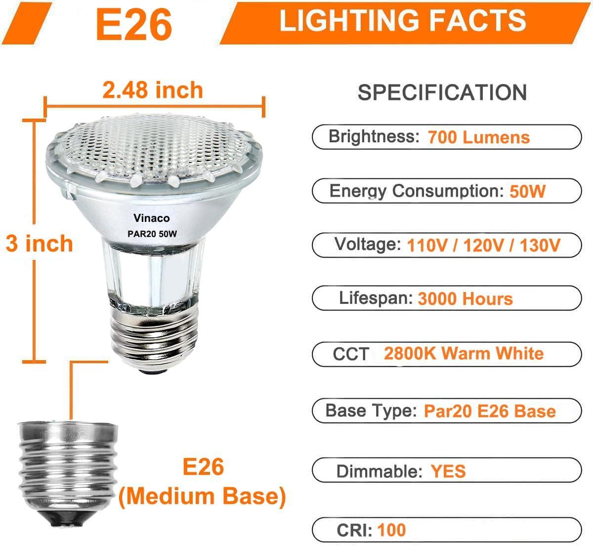 6PCS Par20 Halogen 50W 120V Dimmable, Long Lifespan E26 Par20 Light Bulb with 3000K Warm White for Indoor/Outdoor