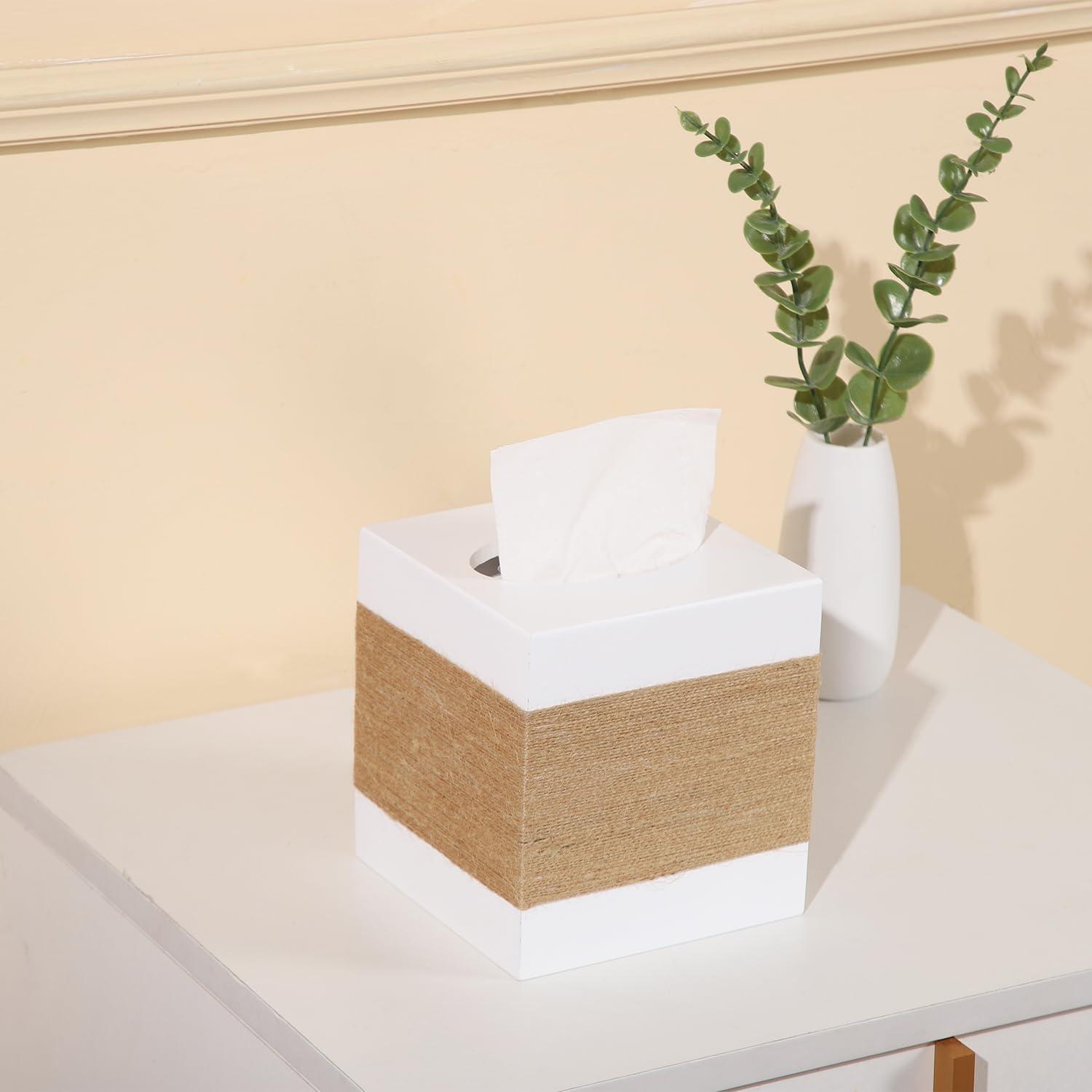Tissue Box Cover, Wood Tissue Box Cover Square, Farmhouse Tissue Box Holder Covers Your Tissues, Decorative Tissue Cube Box Cover with Slide-Out Bottom (White)