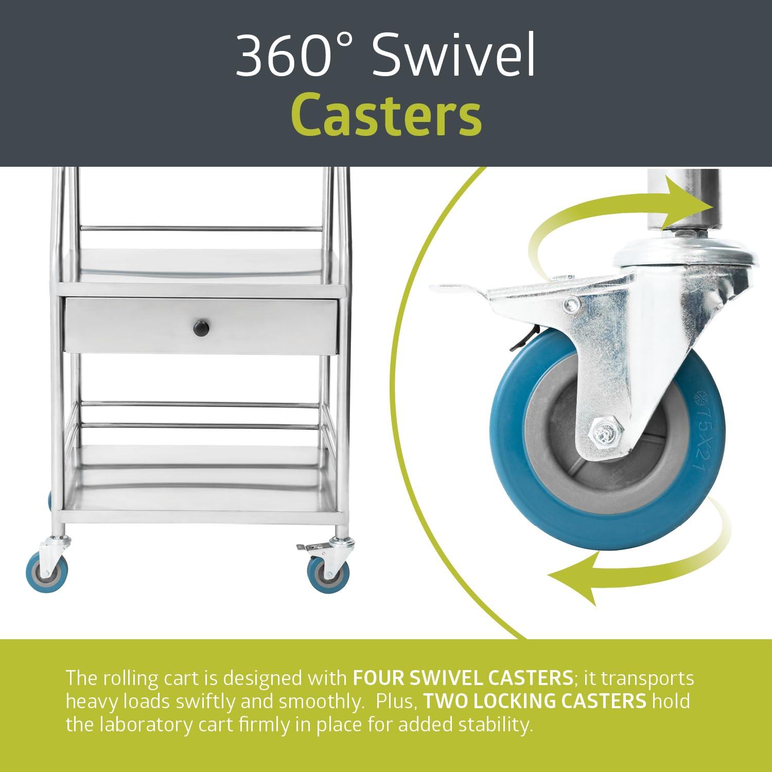 Stainless Steel 3-Shelf Rolling Lab Cart with Drawer