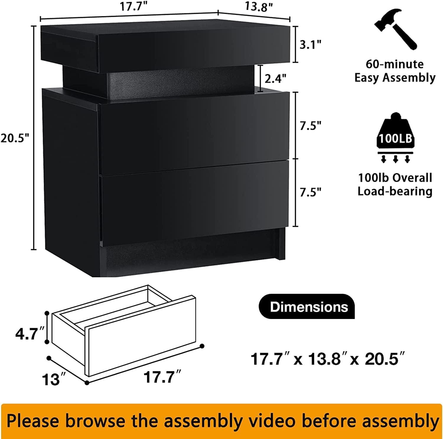 Black High Gloss LED Nightstand with 2 Drawers