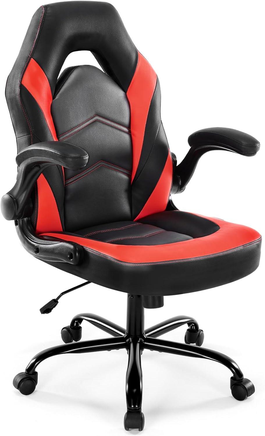 Red and Black Ergonomic PU Leather Gaming Chair with Flip-up Armrests