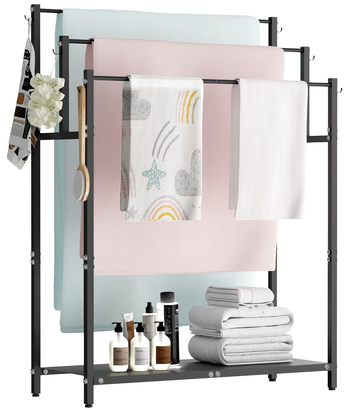 44" High Freestanding Towel Rack with 6 Bathroom Hooks
