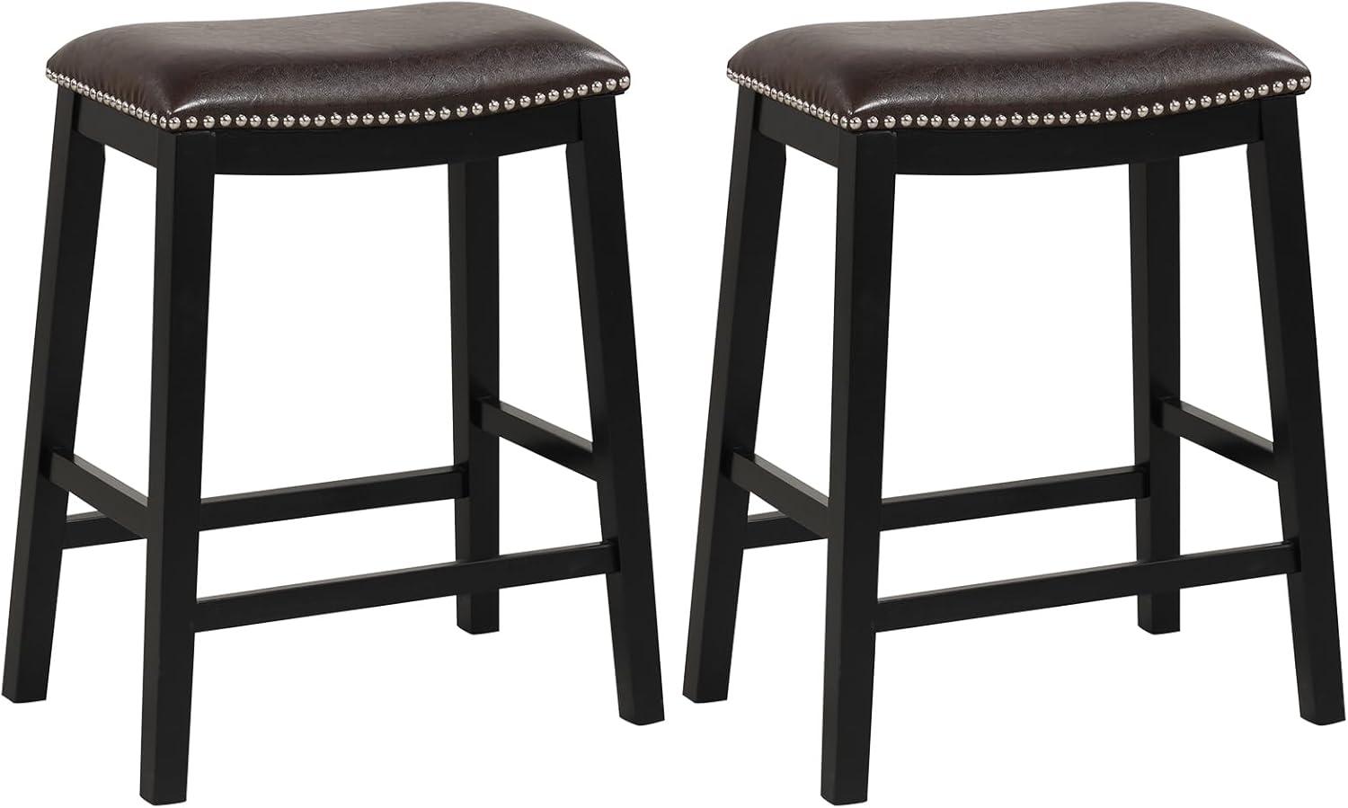 Costway 26-Inch Bar Stool Set of 2 Counter Height Saddle Stools with Upholstered Seat Brown