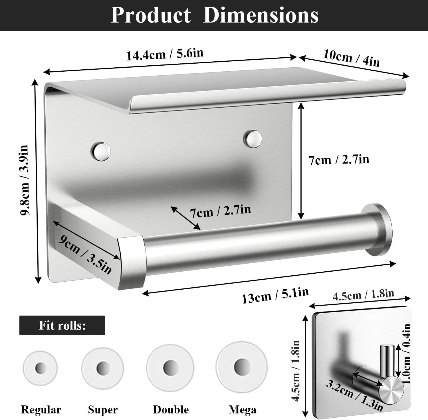 Toilet Paper Holder with Phone Shelf and Towel Robe Hooks