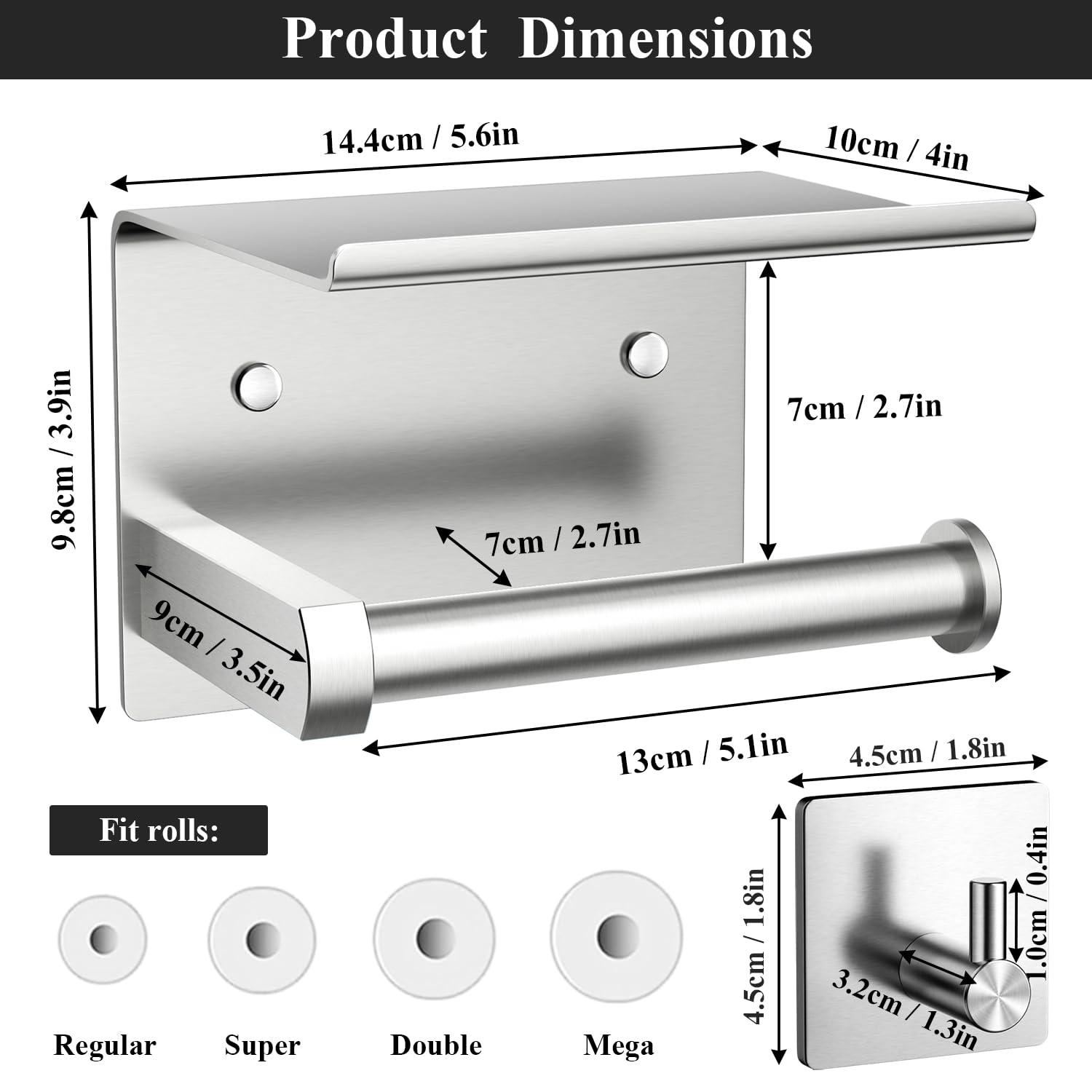 Toilet Paper Holder with Phone Shelf and Towel Robe Hooks