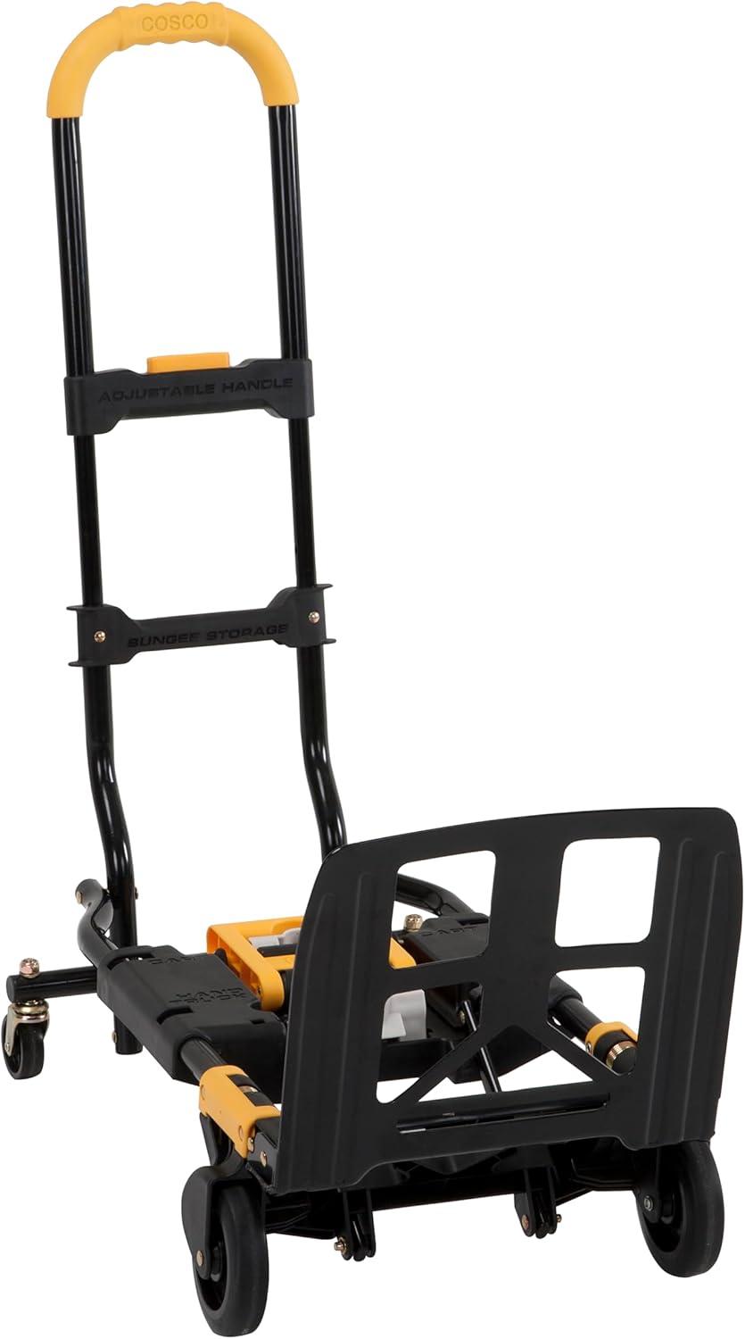 COSCO Compact 2-in-1 Folding Hand Truck and Rolling Cart with Extendable Handle, Black/Yellow