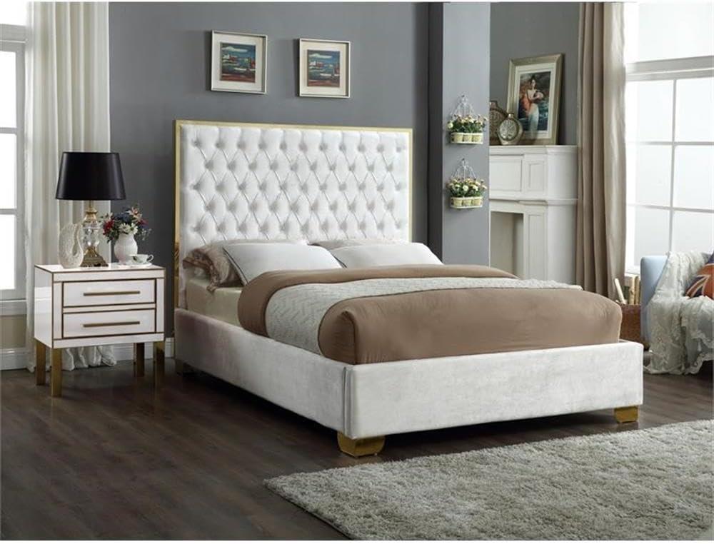 Luxurious White Velvet King Bed with Gold Metal Frame and Tufted Headboard