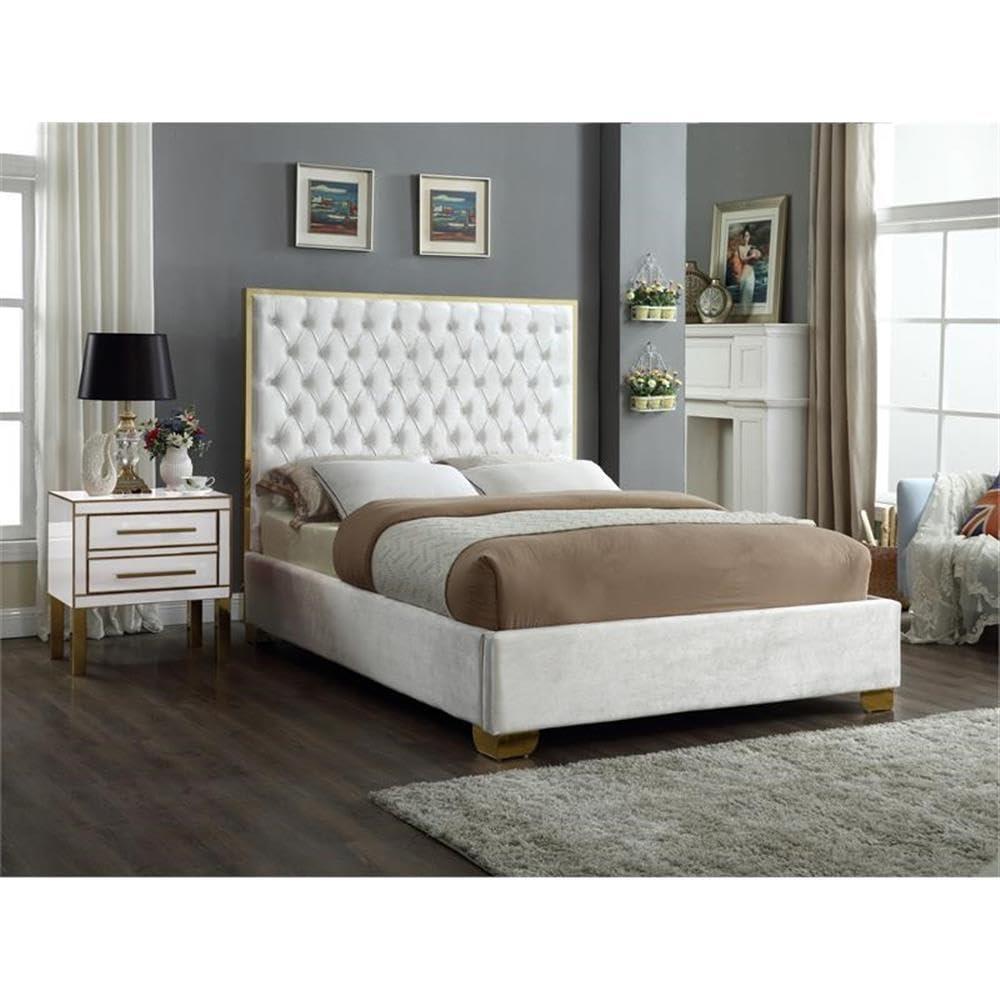 Meridian Furniture Lana Collection Modern | Contemporary Velvet Upholstered Bed with Deep Detailed Tufting and Gold Legs, King, White