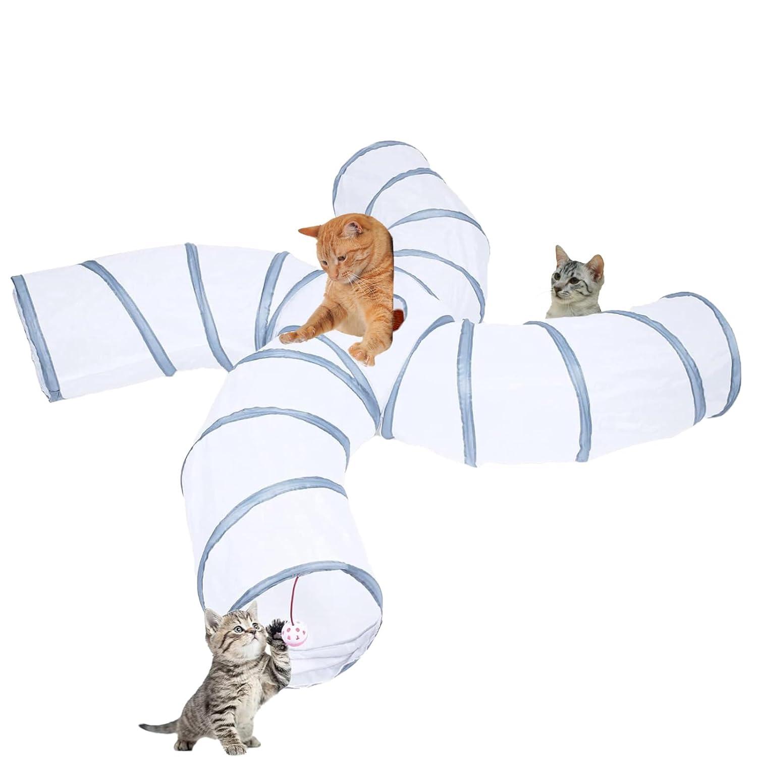 EGETOTA Cat Tunnel for Indoor Cats Large, with Play Ball S-Shape 4 Way Collapsible Interactive Peek Hole Pet Tube Toys, Puppy, Kitty, Kitten, Rabbit (S4 - White & Grey)