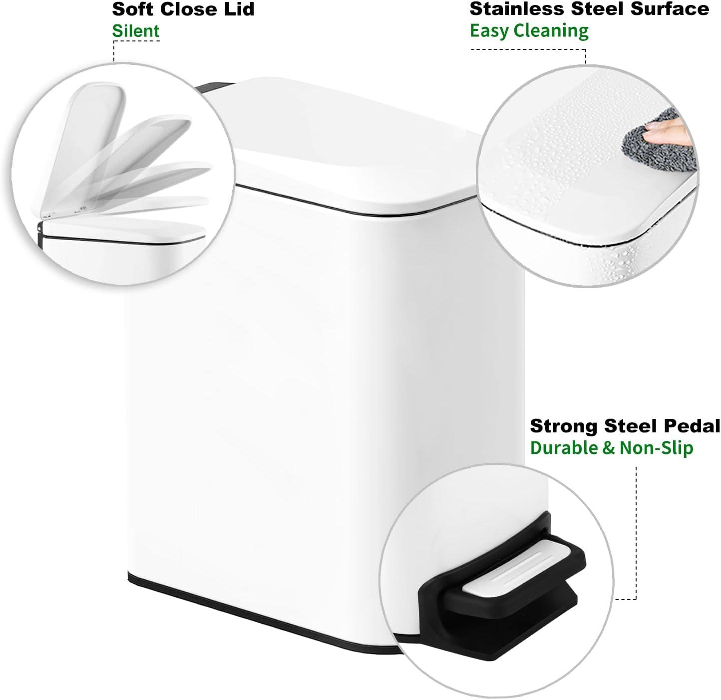 Small Bathroom Trash Can with Lid Soft Close, 6 Liter / 1.6 Gallon Stainless Steel Garbage Can Narrow with Removable Inner Bucket, Step Pedal (White)