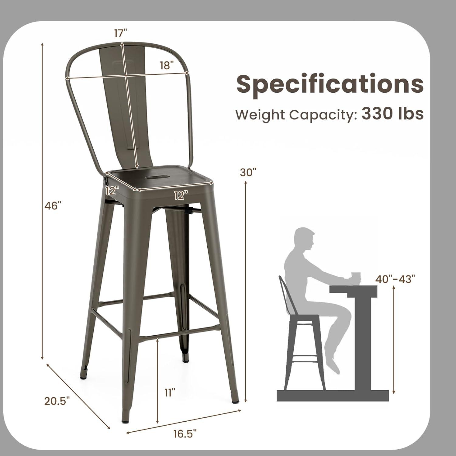 Costway Set of 4 High Back Metal Stool 30'' Seat Bar Height Industrial Bar Stools Gun/Black