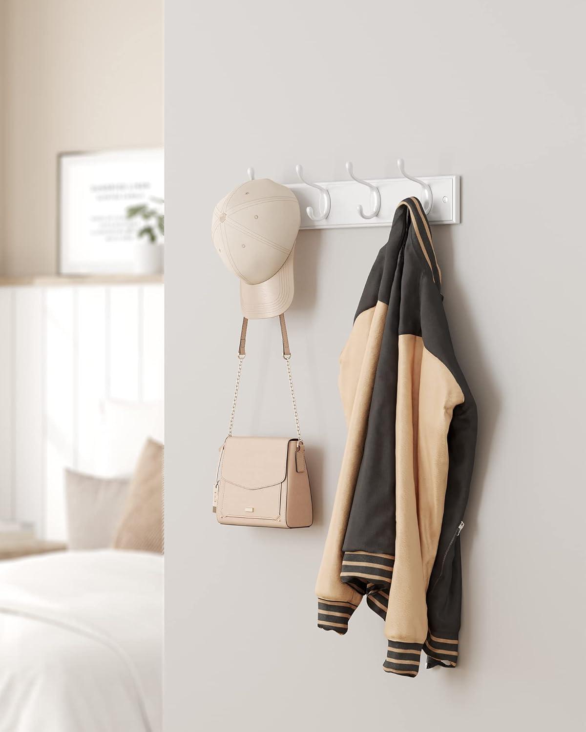 SONGMICS Wooden Wall-Mount Coat Rack with 4 Metal Hooks, White