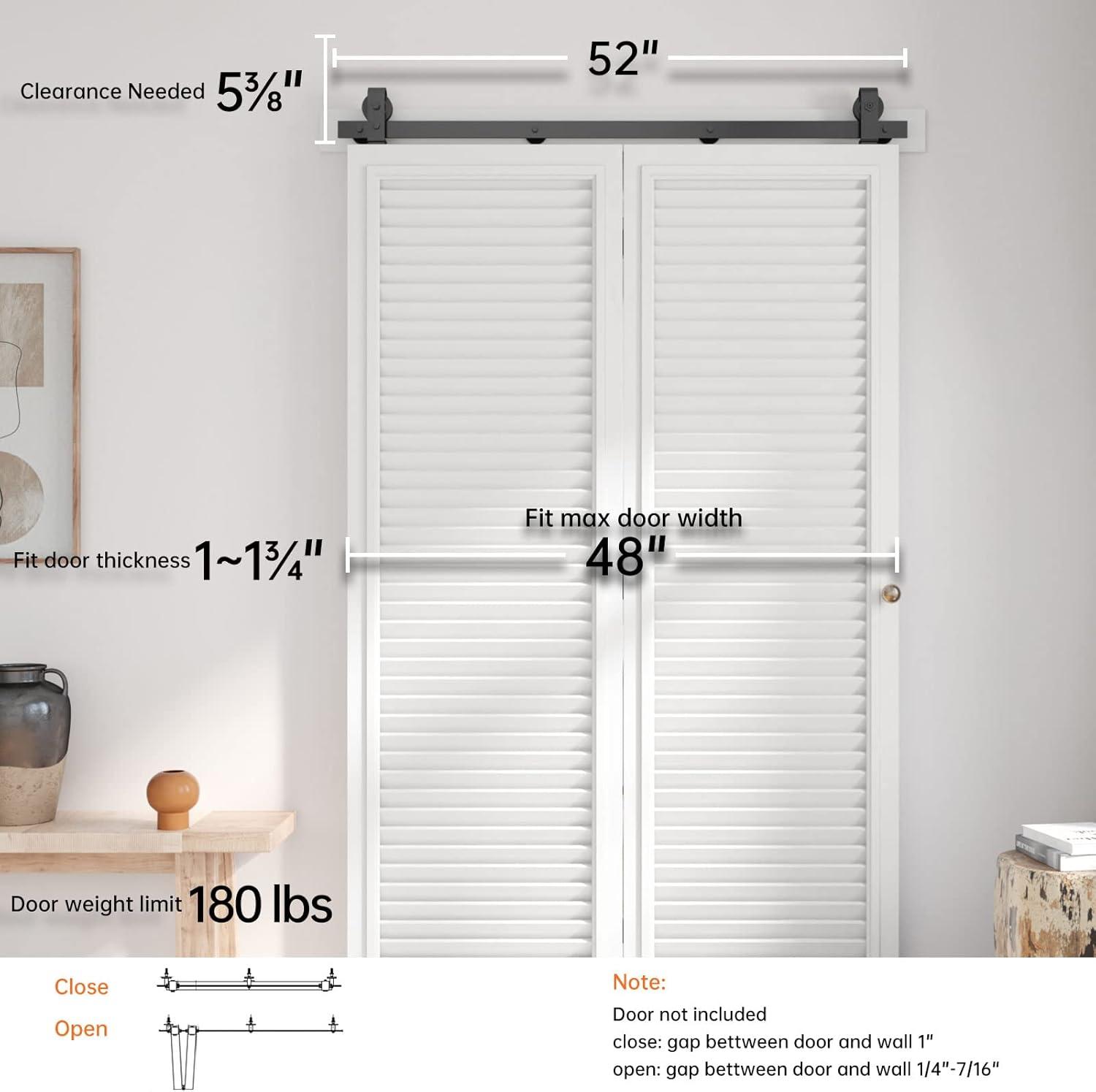 48 inch Bi-Folding Sliding Barn Door Hardware Track Kit, 4FT Black Roller Kit for 2 Doors, J Shape(No Door)