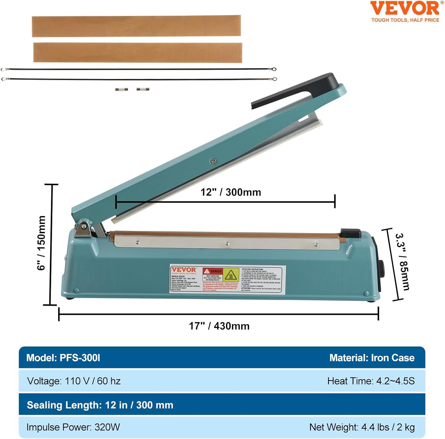 VEVOR VEVOR 12" Iron Hand Impulse Heat Sealer Machine Poly Bag Sealing for Plastic Bag