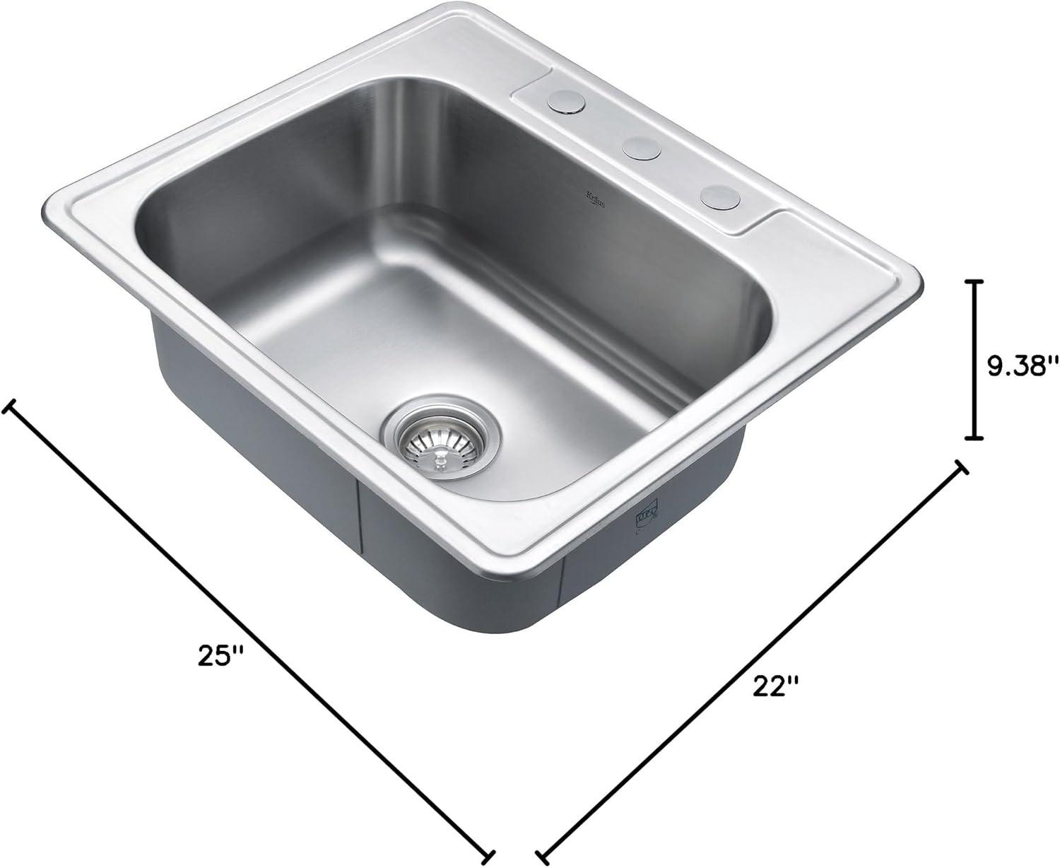 KRAUS 25 inch L Topmount Single Bowl 18 Gauge Stainless Steel Kitchen Sink with NoiseDefend Soundproofing